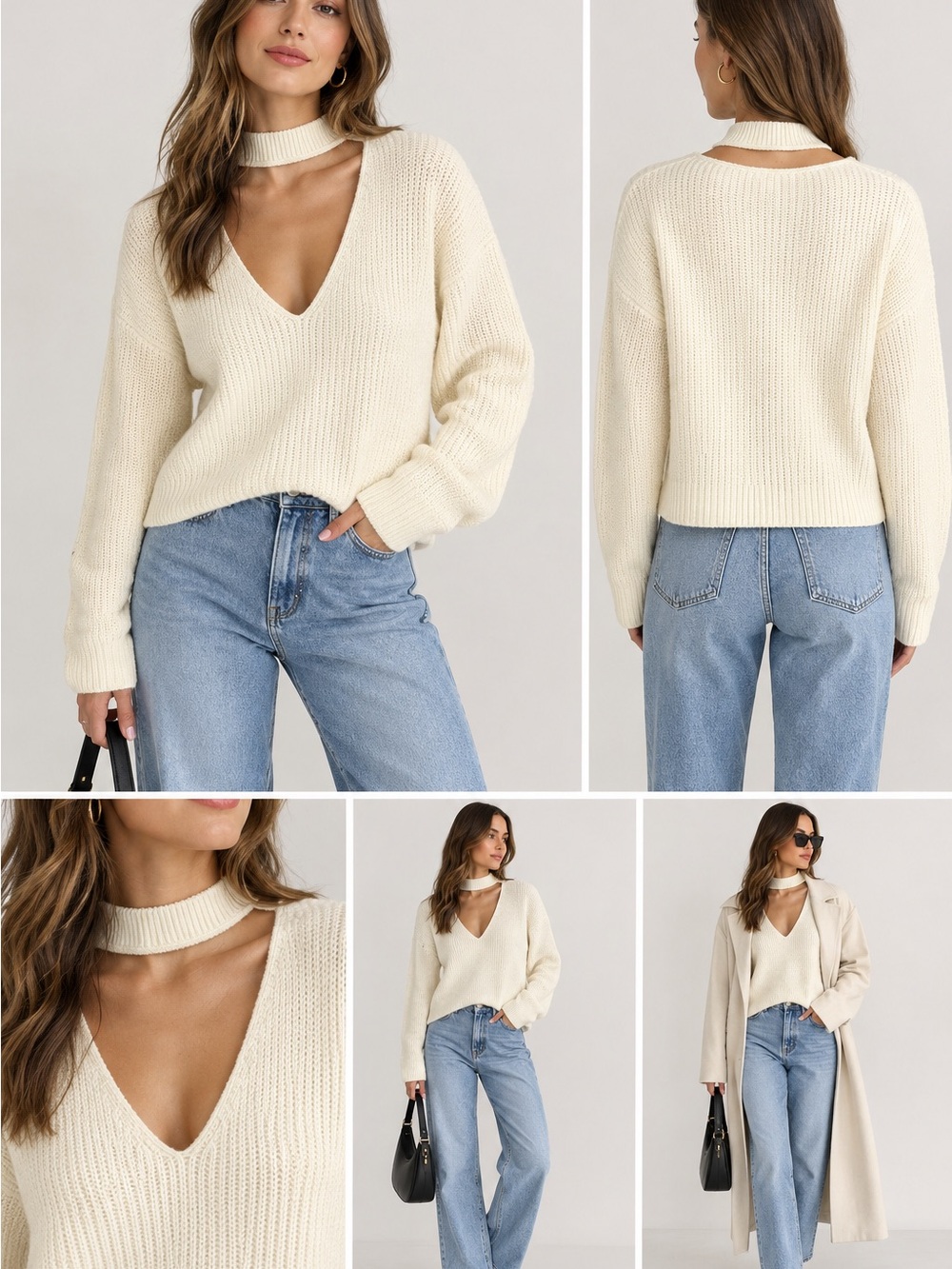 H&M Cream Choker V‑Neck Knit Sweater